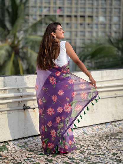 Graceful Lavender Floral Print Saree with White Blouse