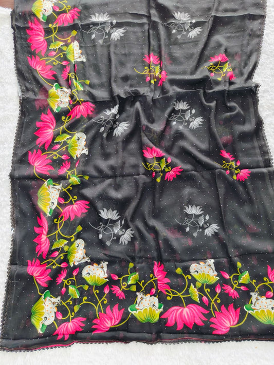 Heavy Marshmallow Blooming Georgette Saree with Swarovski Work & Digital Print