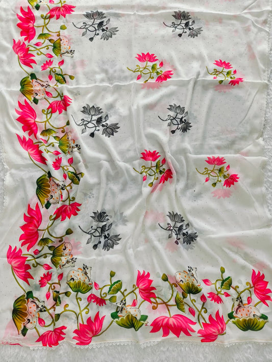 White Heavy Marshmallow Blooming Georgette Saree with Swarovski Work & Digital Print
