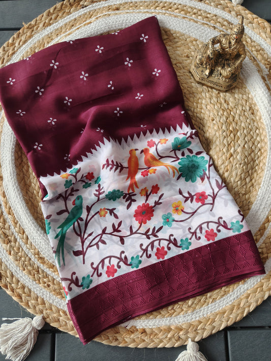 Elegant Maroon & White Digital Print Georgette Saree with Floral & Bird Motifs