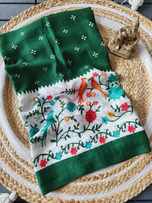 Elegant Green Digital Print Georgette Saree with Floral & Bird Motifs