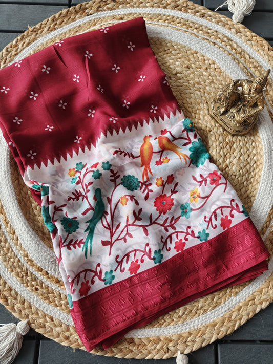 Elegant Red Digital Print Georgette Saree with Floral & Bird Motifs