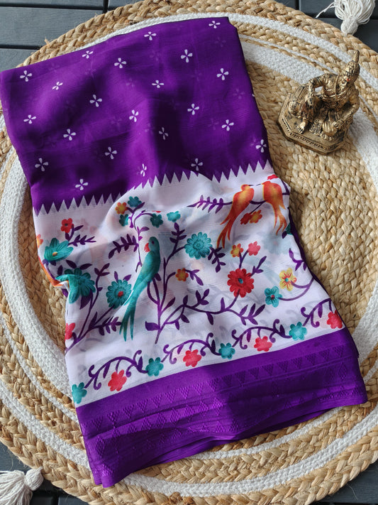 Elegant Purple Digital Print Georgette Saree with Floral & Bird Motifs