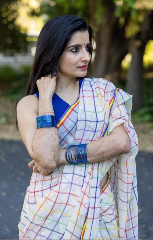 White Cotton Saree with Multicolor Check Print