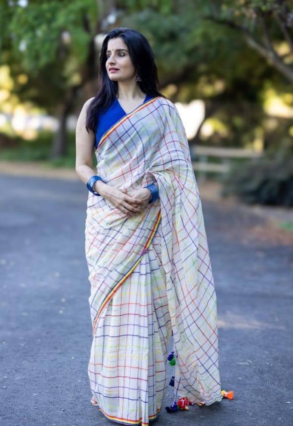 White Cotton Saree with Multicolor Check Print