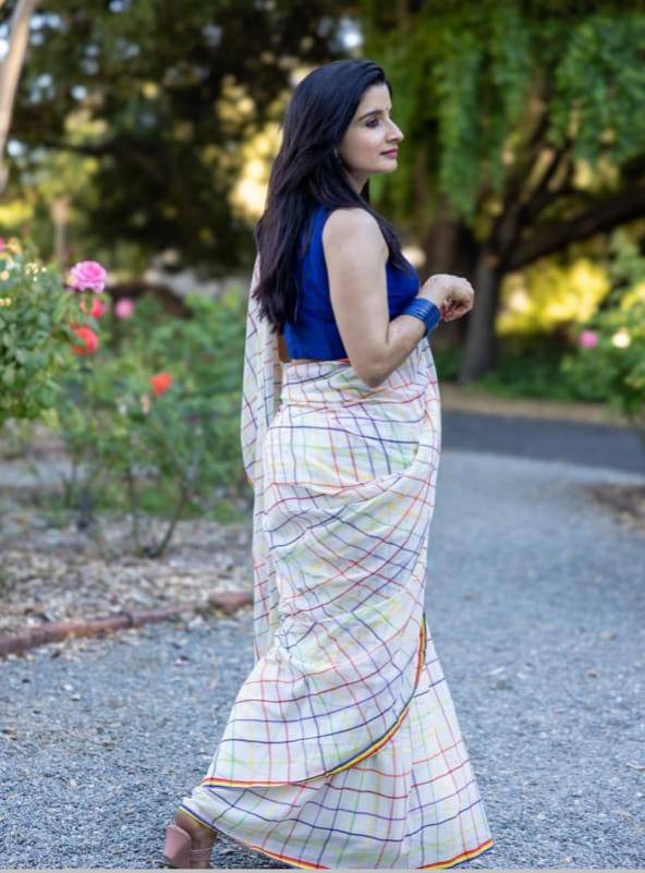 White Cotton Saree with Multicolor Check Print