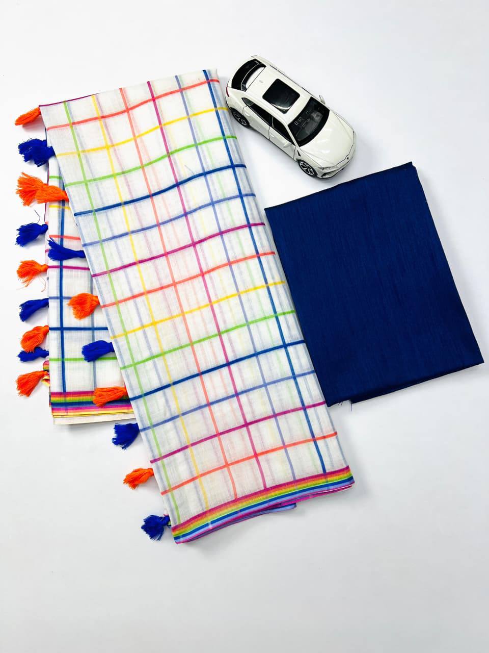 White Cotton Saree with Multicolor Check Print