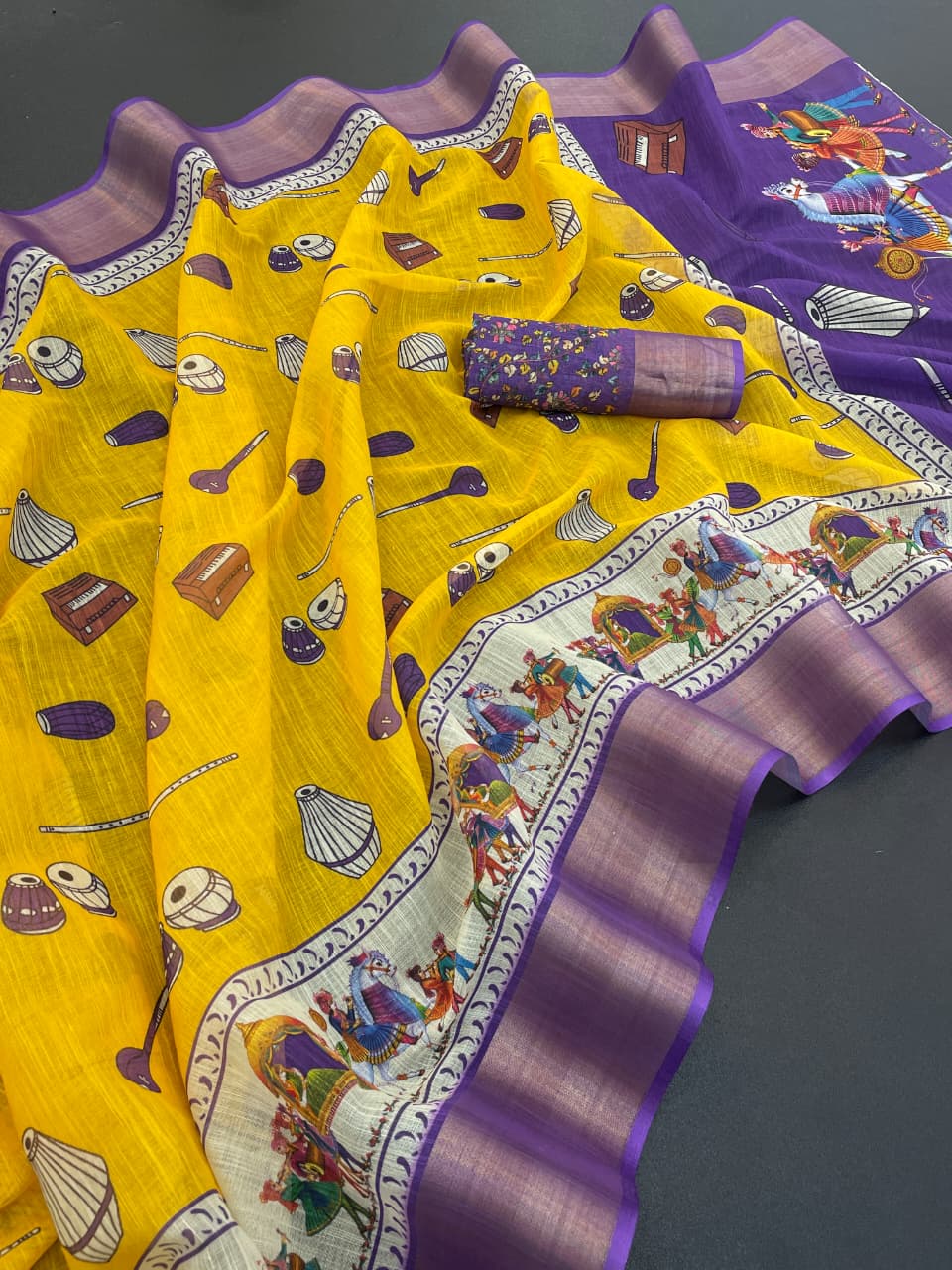 Linen Cotton Saree with Traditional Digital Print – Yellow & Purple Combination