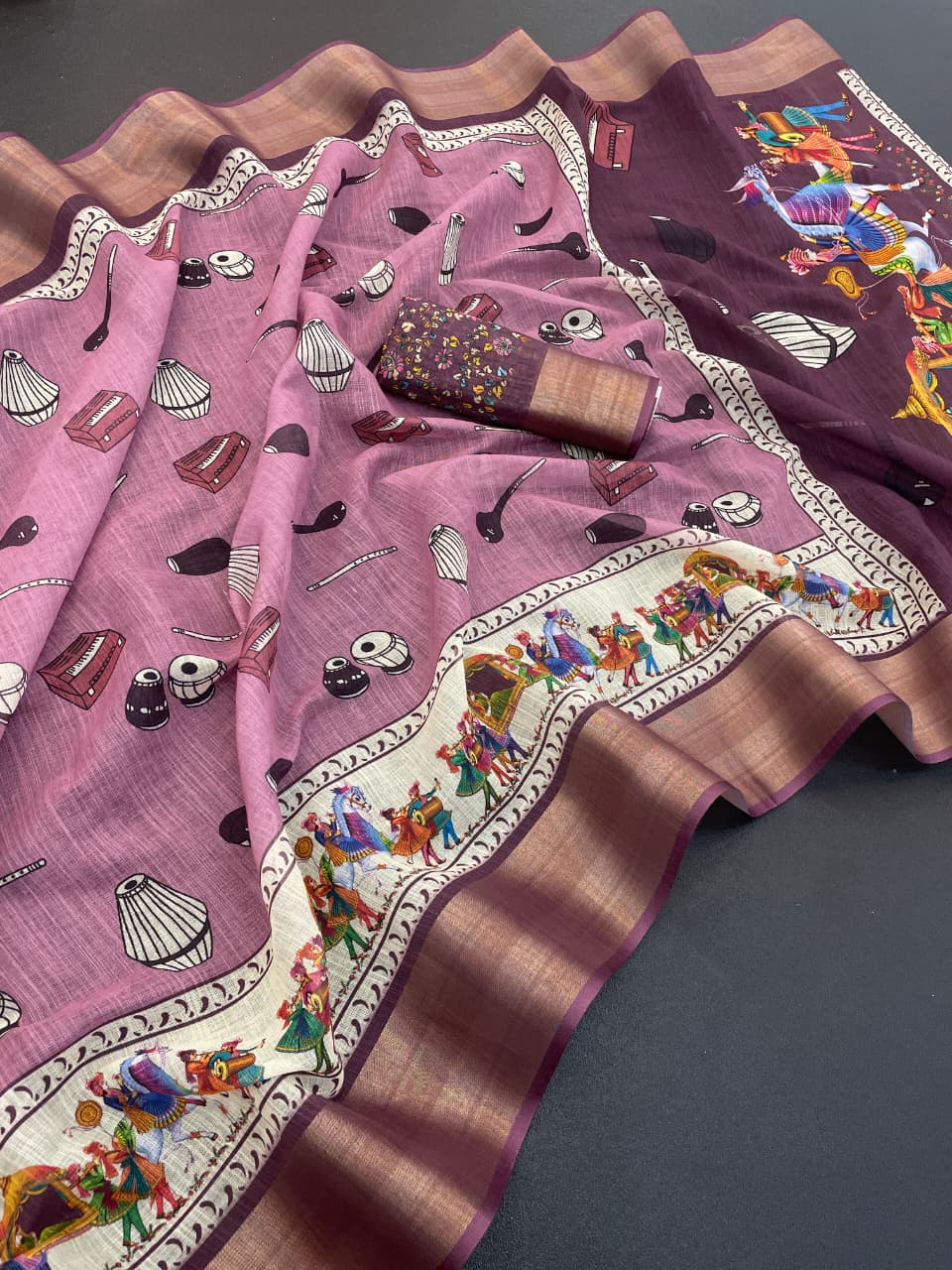 Elegant Linen Cotton Saree with Traditional Digital Print – Mauve & Brown Combination