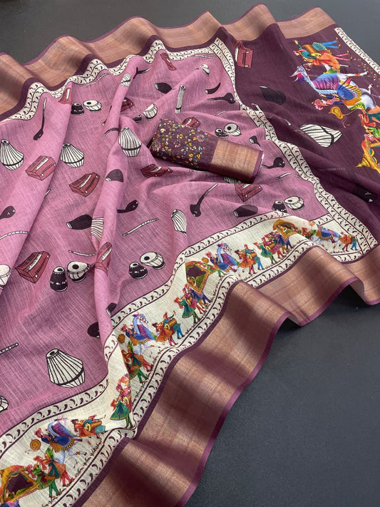 Elegant Linen Cotton Saree with Traditional Digital Print – Mauve & Brown Combination