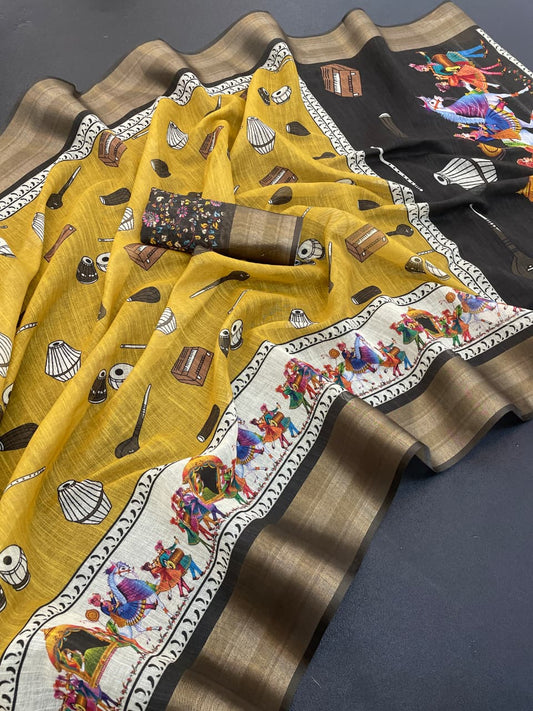Premium Mustard Yellow Linen Cotton Saree with Artistic Folk Dance Digital Print