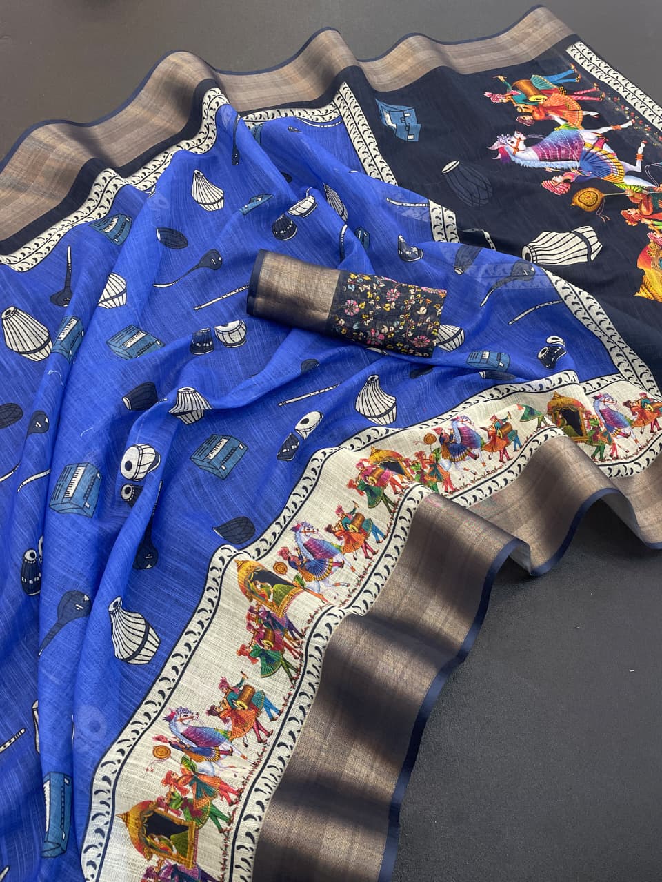 Premium Linen Cotton Saree with Artistic Folk Dance Digital Print -Blue & Black