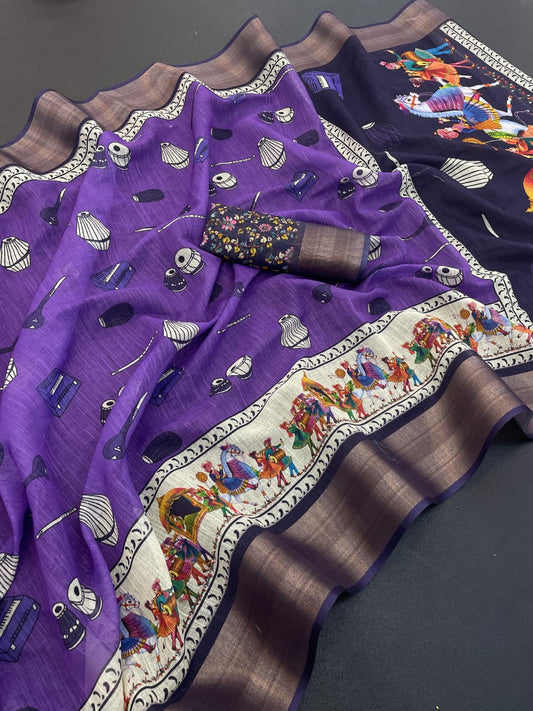 Purple & Navy blue Linen Cotton Saree with Artistic Folk Dance Digital Print