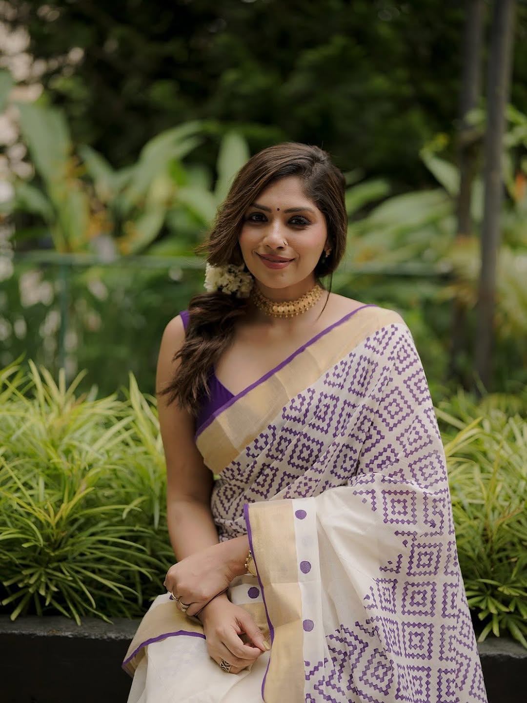 Elegant Cream Cotton Saree with Purple Geometric Print