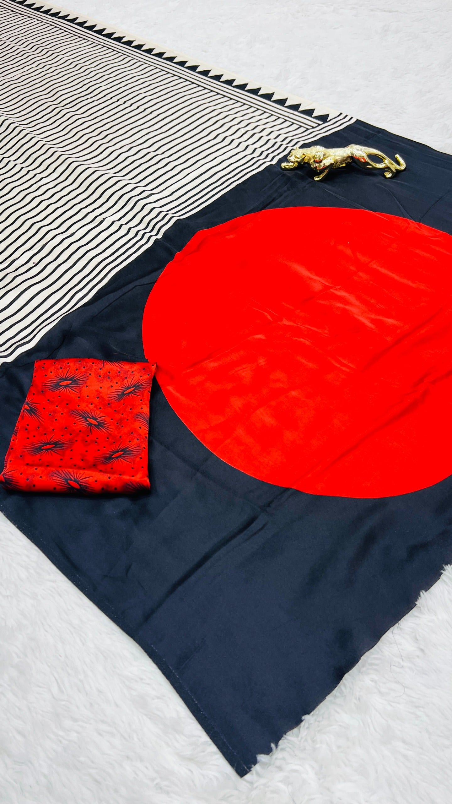 Exclusive Black, Red & White Stripe Ajrakh Semi Gajji Saree