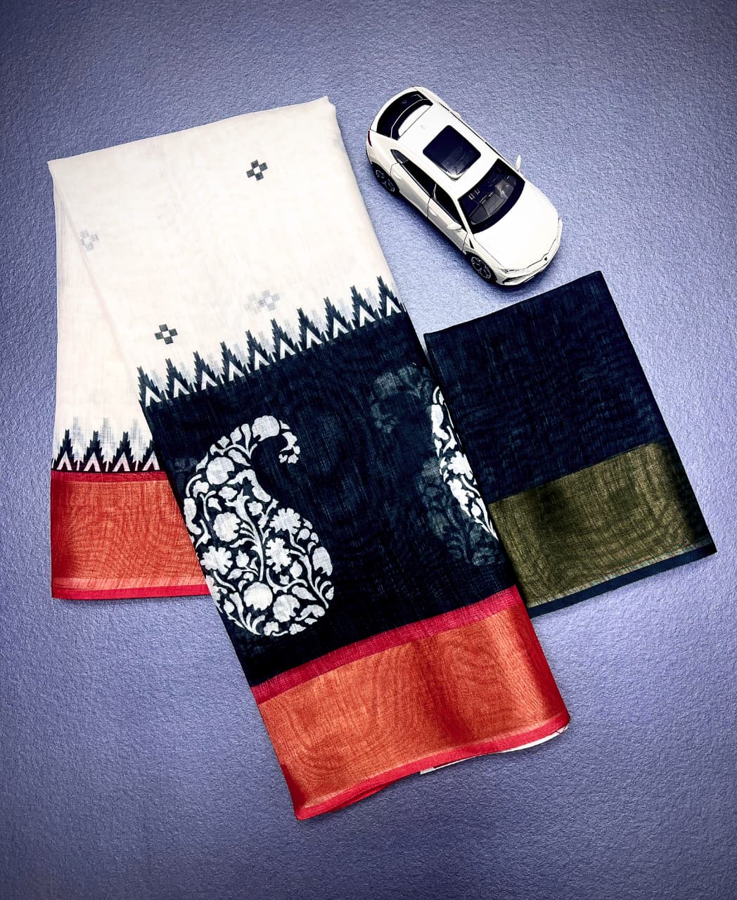 Beige Linen Saree with Contrasting Black & Brick-Red Border