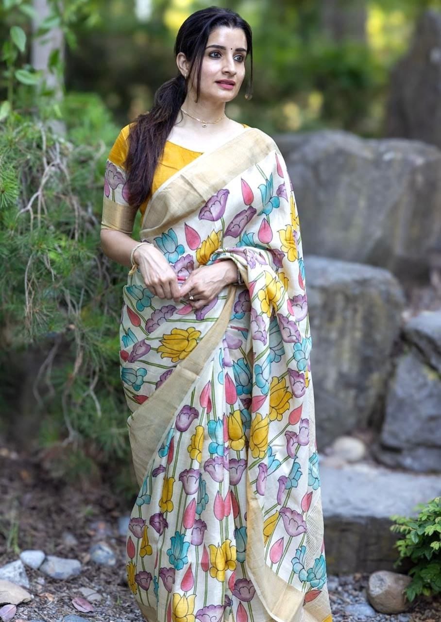 Cream Linen Saree with Multicolor Floral Print