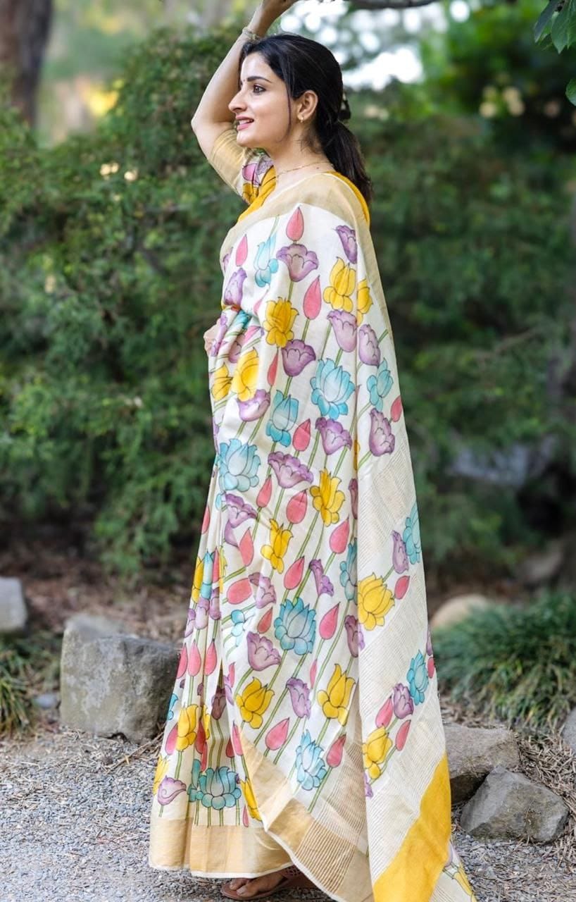 Cream Linen Saree with Multicolor Floral Print