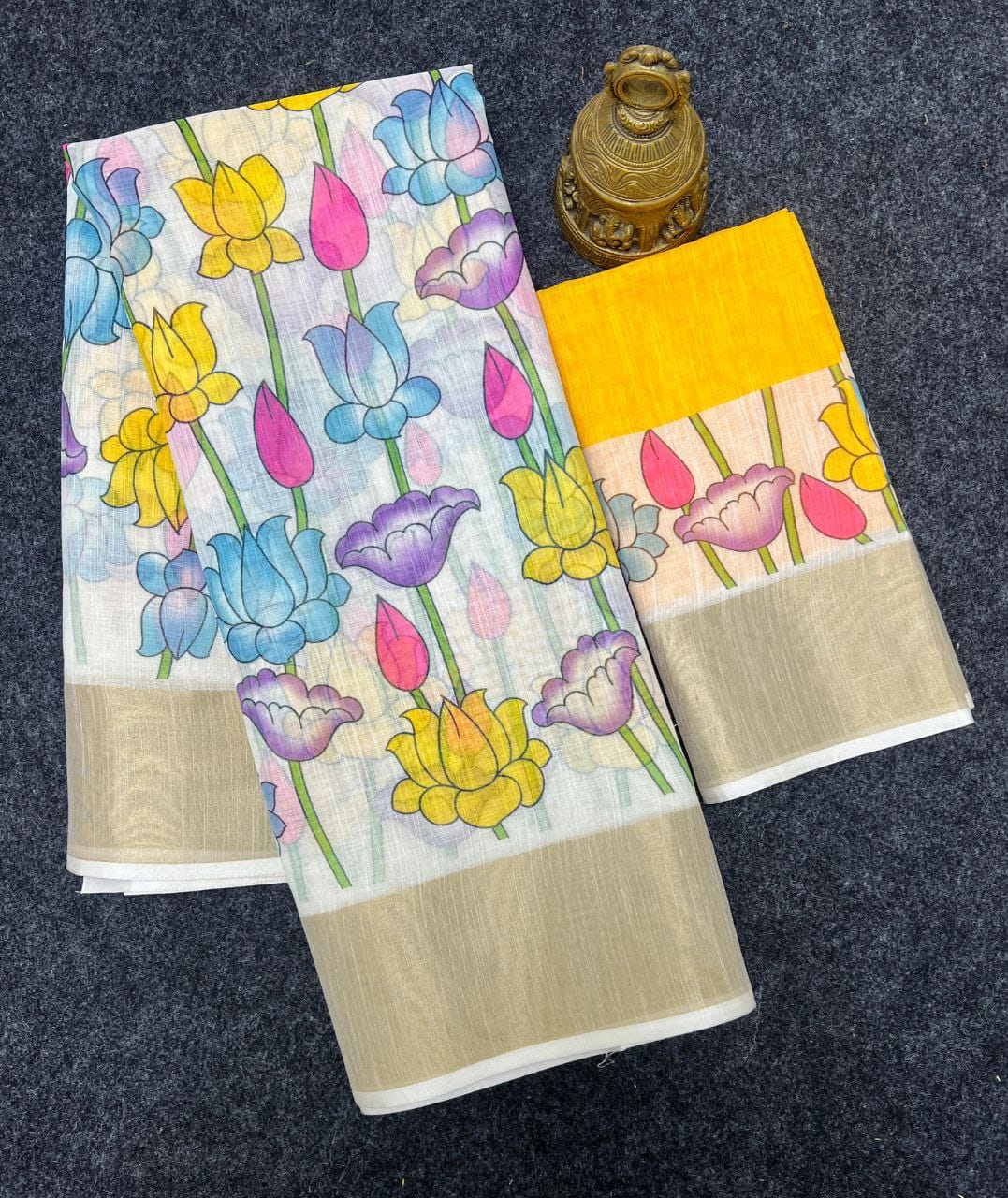 Cream Linen Saree with Multicolor Floral Print