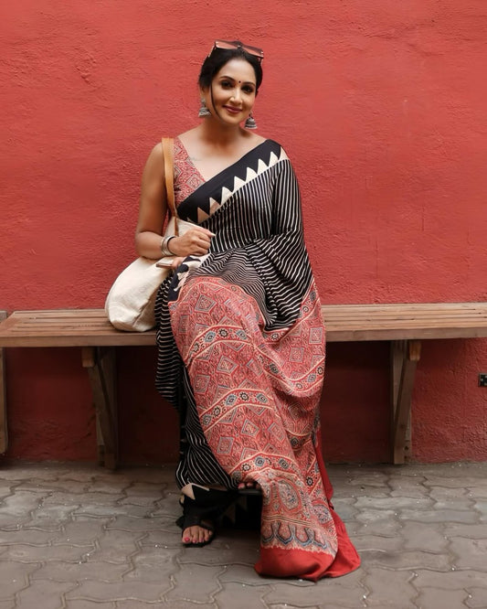 Traditional Ajrakh Saree with Red Pallu and Geometric Print Design