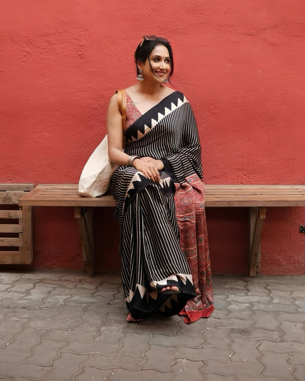 Traditional Ajrakh Saree with Red Pallu and Geometric Print Design