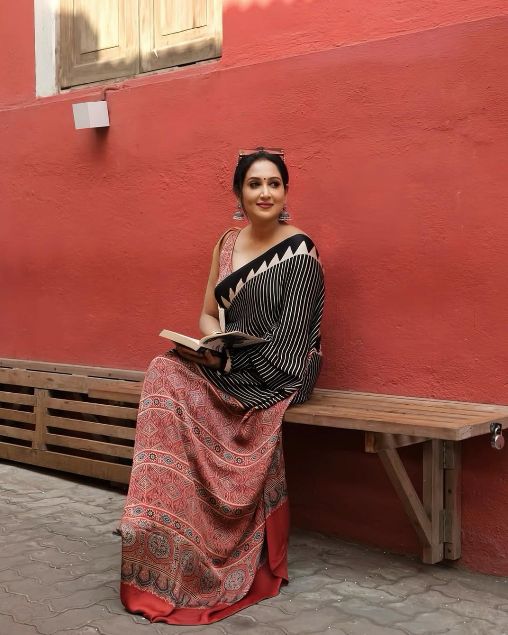 Traditional Ajrakh Saree with Red Pallu and Geometric Print Design