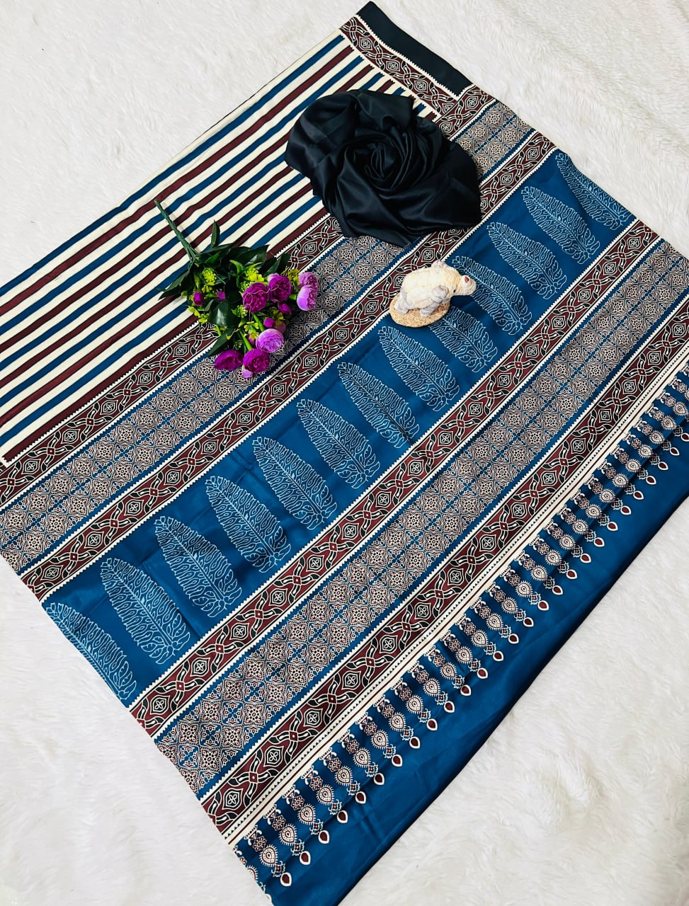 Bohemian Ajrakh Cotton Saree with Bold Stripes and Tribal Motifs