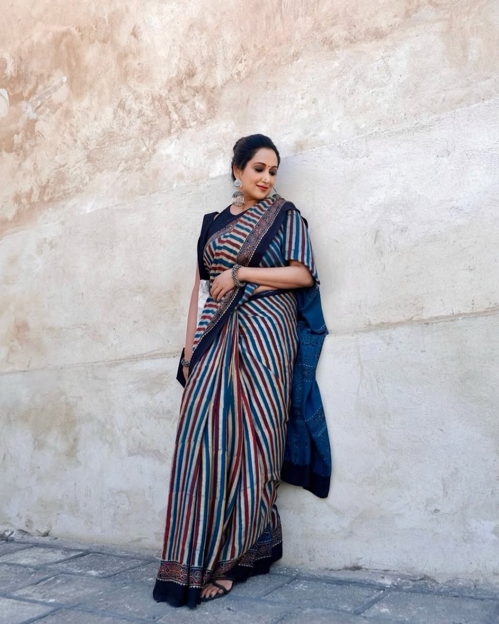 Bohemian Ajrakh Cotton Saree with Bold Stripes and Tribal Motifs