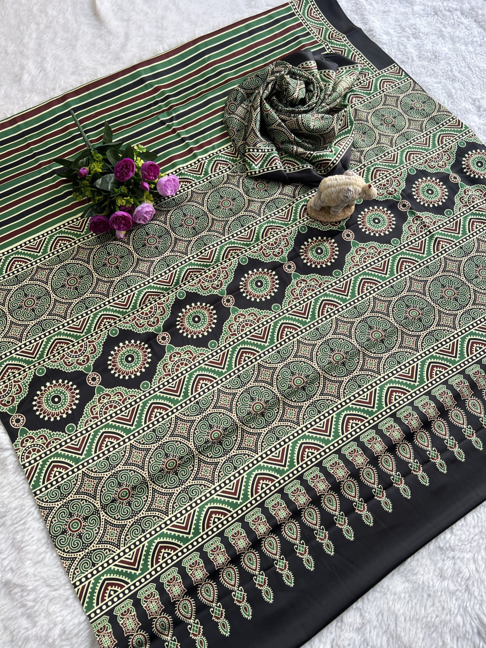 New Designer Ajrakh Saree – Green & Maroon Pattern – Party & Casual Wear Collection