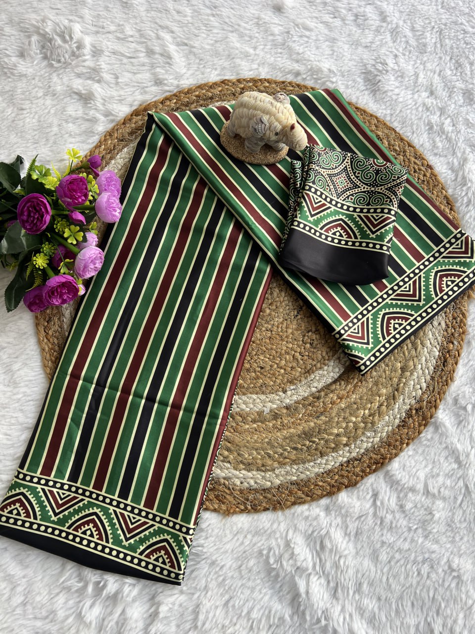 New Designer Ajrakh Saree – Green & Maroon Pattern – Party & Casual Wear Collection