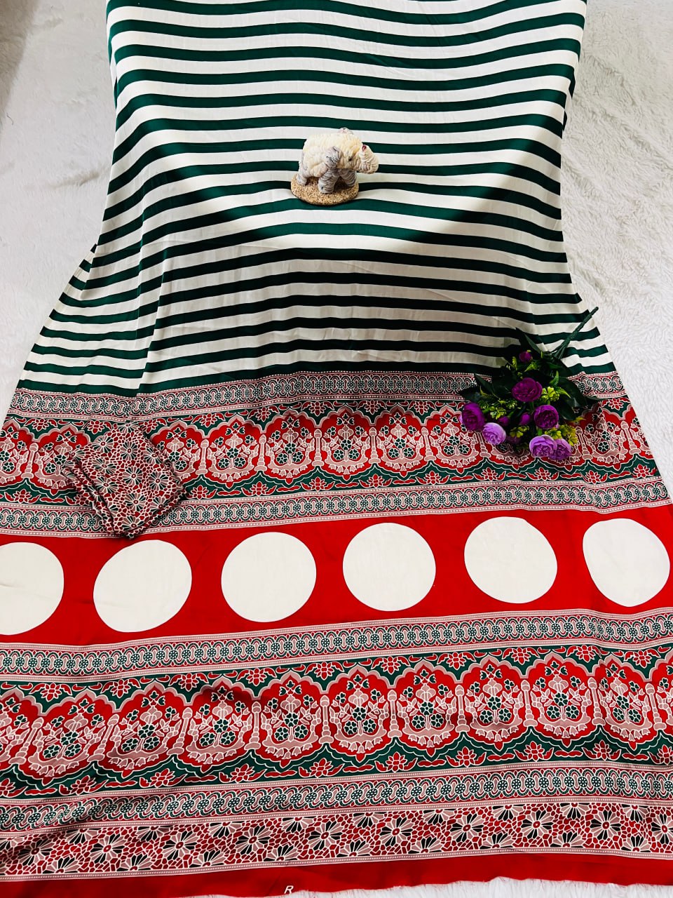 Traditional Ajrakh Inspired Green & White Striped Saree with Bold Red Pallu