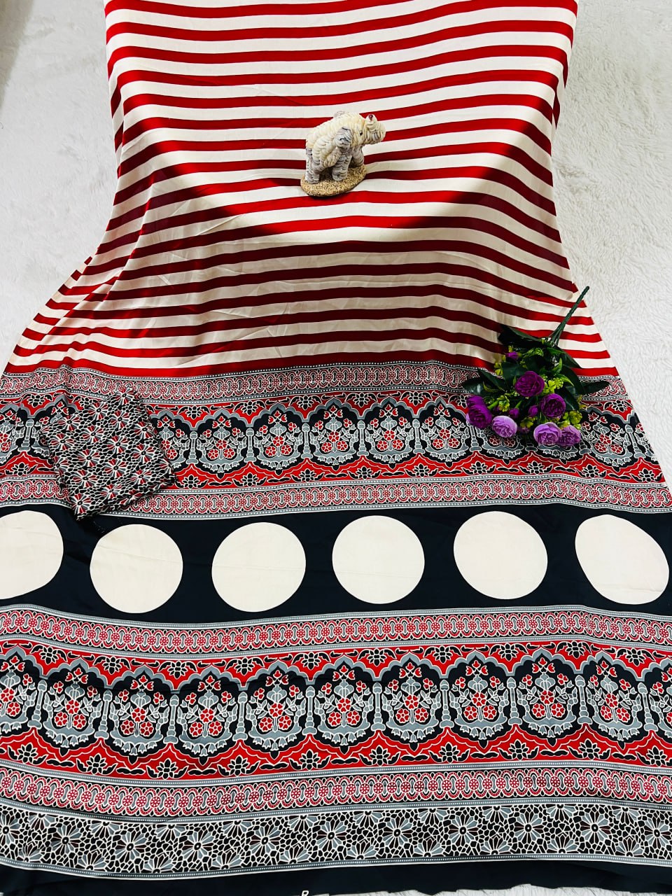 Traditional Ajrakh Inspired  Pink & White Striped Saree with Bold Black Pallu