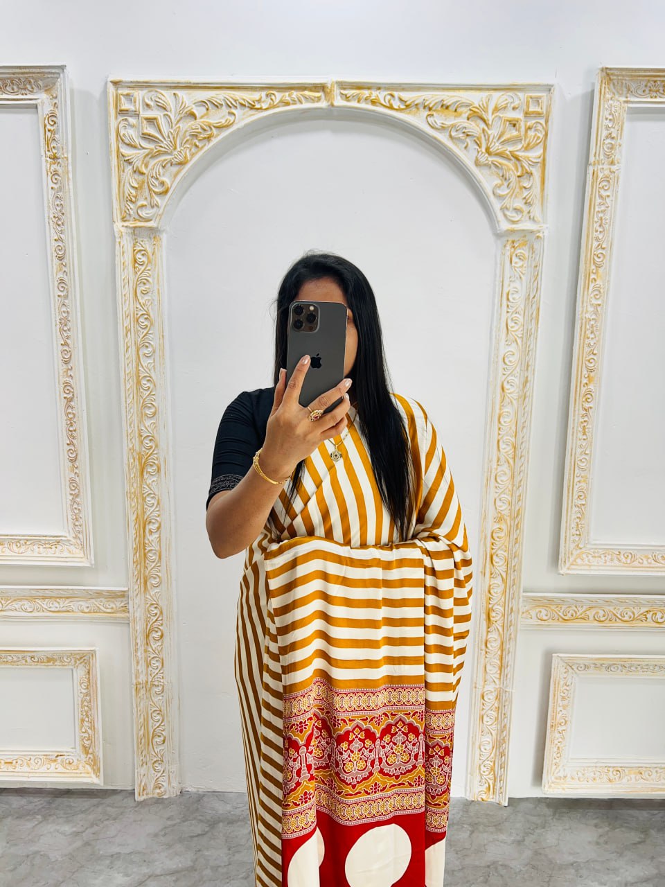 Traditional Ajrakh Inspired mustard & White Striped Saree with Bold Red Pallu