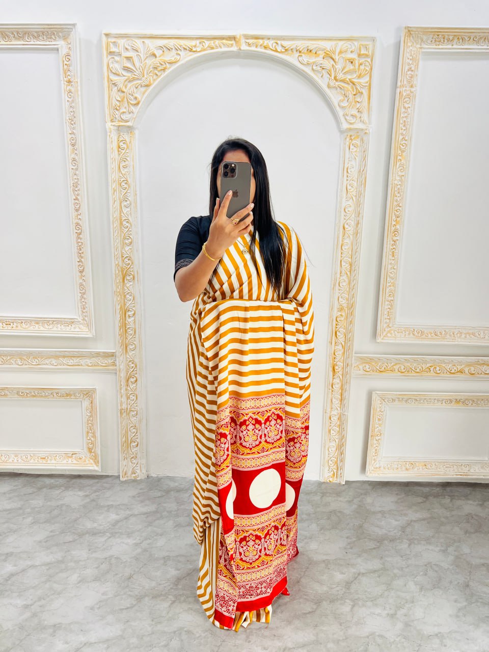 Traditional Ajrakh Inspired mustard & White Striped Saree with Bold Red Pallu