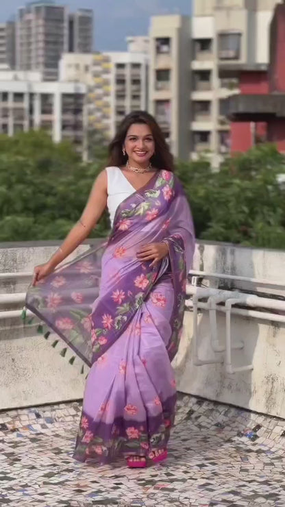 Graceful Lavender Floral Print Saree with White Blouse