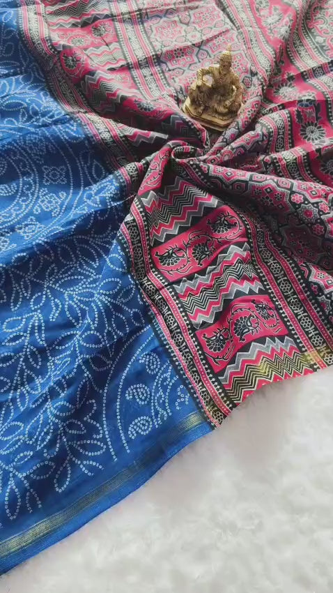 Heavy Soft Cotton Saree with Ajrakh Bandhej Print & Golden Scalloped Border
