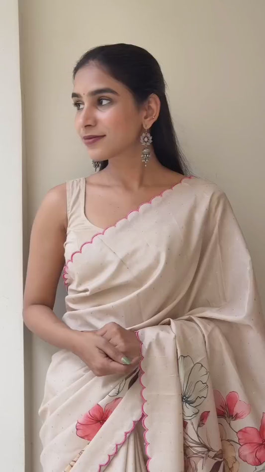 Cream Floral Print Soft Linen Saree with Matching Blouse Piece